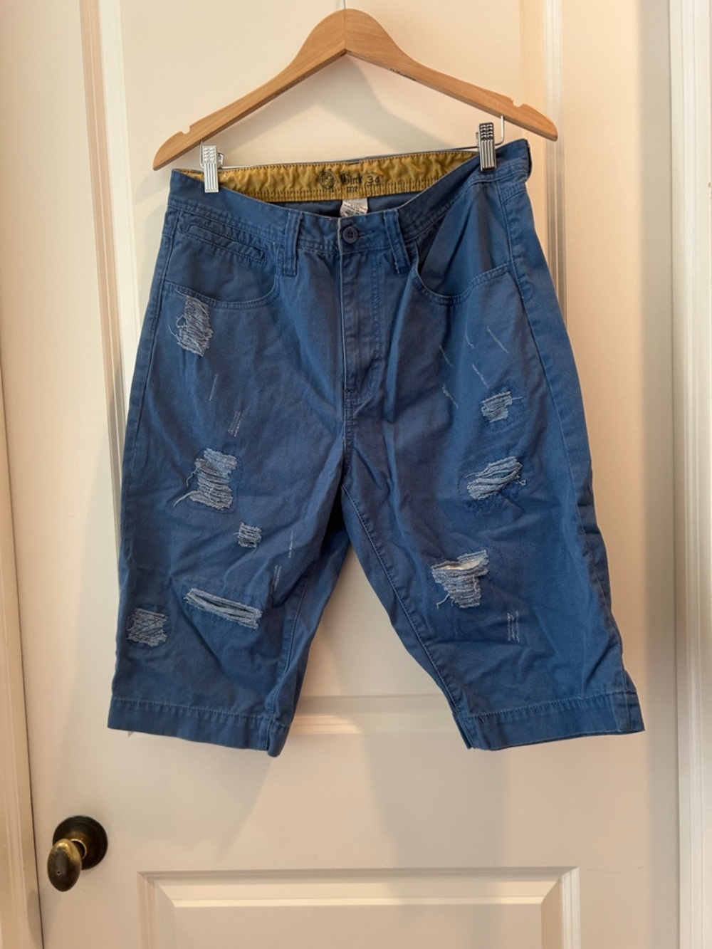 Circle One Men's Distressed ZipUp Blue Cotton Shorts pocket galore size 34